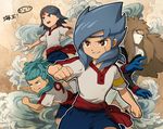  aqua_hair armband blue_hair brown_hair fukami_dandou gloves goalkeeper grin headband inazuma_eleven_(series) inazuma_eleven_go kaiou_(inazuma_eleven) long_hair male_focus map mizuhara_aki multiple_boys namikawa_rensuke scar scar_across_eye smile soccer_uniform sportswear wanda_naoto yoshimine_misaki 