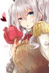  apron artist_name blurry bow bowtie box breasts commentary_request epaulettes eyebrows_visible_through_hair eyes_visible_through_hair frilled_sleeves frills gift gift_box gloves hair_between_eyes heart highres kantai_collection kashima_(kantai_collection) large_breasts long_hair looking_at_viewer military military_uniform nano_(cherry_line) red_bow red_neckwear signature silver_hair solo tongue tongue_out twintails uniform upper_body valentine wavy_hair white_gloves 
