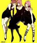  bangs black_dress black_gloves border braid breasts choker cleavage collarbone dated dress elbow_gloves from_above gloves green_eyes hair_bobbles hair_ornament high_heels hirose_yasuho hot_pants_(sbr) jojo_no_kimyou_na_bouken jojolion lipstick makeup medium_breasts multiple_girls pantyhose pink_eyes pink_hair pink_lipstick quad_tails rena_(renasight) short_hair sitting smile steel_ball_run strap_slip trish_una white_border yellow_background 