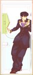  achi_(chnanc) anchor_symbol book earrings gakuran heart higashikata_jousuke highres holding jewelry jojo_no_kimyou_na_bouken leaning male_focus peace_symbol phone phone_booth purple_eyes purple_hair school_uniform solo 