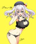  :d armpits bell bell_choker beret blue_eyes blush breasts cat_cutout cat_lingerie choker cleavage cleavage_cutout fang hat jingle_bell kantai_collection kashima_(kantai_collection) kouki_kuu large_breasts looking_at_viewer meme_attire navel open_mouth panties side-tie_panties silver_hair simple_background smile solo tongue twintails underwear yellow_background 