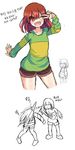  androgynous brown_hair chara_(undertale) fang frisk_(undertale) hitting korean multiple_others one_eye_closed open_mouth shiro_(whddn2501) shirt simple_background smile spoilers striped striped_shirt too_bad!_it_was_just_me! translated undertale v v_over_eye white_background 