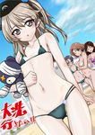  azumi_(girls_und_panzer) bikini boko_(girls_und_panzer) brown_hair dutch_angle emblem girls_und_panzer grey_eyes hat hayashi_(nnnsf) highres japanese_tankery_league_(emblem) long_hair megumi_(girls_und_panzer) micro_bikini multiple_girls rumi_(girls_und_panzer) selection_university_(emblem) shimada_arisu standing stuffed_animal stuffed_toy swimsuit teddy_bear translation_request twintails 