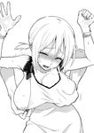  against_fourth_wall blush bracelet breast_grab breasts closed_eyes dress grabbing grabbing_from_behind greyscale hand_under_clothes hige_(hige2) highres jewelry large_breasts monochrome nipple_tweak nipples original short_hair short_twintails solo_focus tears twintails upper_body 