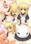  1girl ai_shite!_homun areolae bed blonde_hair blush breasts censored clothed_female_nude_male detached_collar endou_hiroto green_eyes handjob highres legs long_hair looking_at_viewer looking_down maid maid_headdress nipples no_bra open_clothes original parted_lips penis pubic_hair sequential short_sleeves simple_background sitting small_breasts smile solo_focus standing thighs undressing 