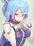  aqua_(konosuba) bare_shoulders blue_eyes blue_hair blush breasts covered_nipples cum cum_on_body cum_on_upper_body detached_sleeves kono_subarashii_sekai_ni_shukufuku_wo! large_breasts long_hair open_mouth solo tam-u 