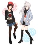  blue_eyes boots casual chuu hat long_hair multiple_girls pantyhose ponytail ruby_rose rwby short_hair side_ponytail weiss_schnee 