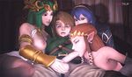  1boy 3d 3girls animated animated_gif blue_hair breasts brown_hair caressing_testicles crossover fellatio fire_emblem green_hair harem kid_icarus link lucina multiple_girls nipples oral palutena penis pointy_ears princess_zelda super_smash_bros. teamwork the_legend_of_zelda uncensored watching 