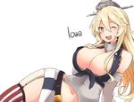  american_flag_panties bare_shoulders belt blonde_hair blue_eyes blush blush_stickers breasts buckle buttons character_name cleavage crop_top detached_sleeves elbow_gloves front-tie_top garter_straps gloves grey_hat hair_between_eyes hand_on_breast hat headgear highres iowa_(kantai_collection) kantai_collection large_breasts leg_garter long_hair lying machinery matsunoki_(unknown_751) miniskirt mismatched_legwear navel on_side open_clothes open_mouth open_shirt red_legwear shirt simple_background skirt sleeveless sleeveless_shirt smile solo star star-shaped_pupils stomach striped striped_legwear symbol-shaped_pupils thighhighs unbuttoned white_background wrist_cuffs zettai_ryouiki 