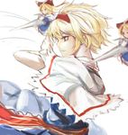  action alice_margatroid arm_up blonde_hair blue_dress blue_eyes blur bow capelet dress from_side grin hair_bow hand_up highres homo_1121 lance long_hair looking_to_the_side polearm profile puppet_strings ribbon shanghai_doll short_hair simple_background sketch smile solid_circle_eyes solo touhou weapon white_background white_capelet 
