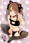  ;) animal_ears bell bell_choker black_bra black_panties blush bra brown_hair bulge cat_cutout cat_ear_panties cat_ears cat_lingerie chibi chibi_inset choker cleavage_cutout commentary_request crossdressing fake_animal_ears flat_chest green_eyes heart idolmaster idolmaster_side-m indian_style jingle_bell long_hair looking_at_viewer male_focus meme_attire mizushima_saki nemunemu_(candy_paddle) no_shoes one_eye_closed otoko_no_ko panties side-tie_panties sitting smile solo translation_request twintails underwear underwear_only v_over_eye 