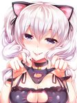  :p alternate_costume animal_ears bad_id bad_pixiv_id bell bell_choker black_panties blush breasts cat_cutout cat_cutout_panties cat_ear_panties cat_ears cat_lingerie choker cleavage cleavage_cutout eyebrows eyebrows_visible_through_hair fake_animal_ears fang frills hair_between_eyes hair_ornament hair_ribbon head_tilt highres holding holding_hair holding_panties jingle_bell kantai_collection kashima_(kantai_collection) large_breasts long_hair looking_at_viewer meme_attire no_panties panties panties_removed paw_pose purple_eyes ribbon silly_(marinkomoe) simple_background smile solo tongue tongue_out twintails underwear upper_body white_background white_hair wrist_cuffs 