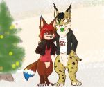  canine christmas clothed clothing duo feline fox fur holidays ko-fi lynx mammal the_gory_saint tree 