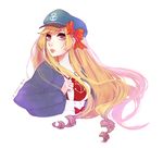  anchor_symbol artist_name blonde_hair bow character_request closed_mouth fuwaffy hair_ribbon hat hat_bow highres lips long_hair looking_at_viewer mouth red_bow red_ribbon ribbon sailor_hat simple_background solo teeth translated upper_body very_long_hair white_background 
