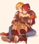  1girl blonde_hair blush breasts chuu forehead_protector green_eyes holding_hands jaune_arc long_hair medium_breasts ponytail pyrrha_nikos red_hair rwby short_hair smile 