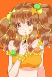  alternate_costume bangs bare_shoulders body_writing brown_eyes brown_hair choker crop_top english eyebrows eyebrows_visible_through_hair eyelashes frilled_choker frills hair_ornament holding_lipstick idolmaster idolmaster_cinderella_girls lipstick_mark lipstick_tube long_hair looking_at_viewer midriff moroboshi_kirari ohlala orange_background parted_lips pom_pom_(clothes) simple_background solo star star-shaped_pupils star_hair_ornament symbol-shaped_pupils upper_body wrist_cuffs 