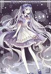  absurdly_long_hair alice_in_musicland_(vocaloid) blue_eyes blue_hair copyright_name dress hatsune_miku highres long_hair mary_janes musical_note pantyhose quarter_note rain_(raindsan) shoes solo twintails very_long_hair vocaloid white_legwear 