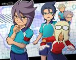  blonde_hair eito_gakuen eyewear_on_head frown gloves goalkeeper green_eyes hair_over_eyes inazuma_eleven_(series) inazuma_eleven_go kageura_touji kakizaki_hagumi long_hair mizuhara_aki multiple_boys no_pupils open_mouth saewatari_yuuichirou soccer_uniform sportswear yomiya_satoshi yukiji_keiichi 