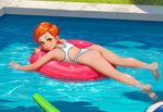  alkemanubis ass back_cutout ben_10 child green_eyes gwendolyn_tennyson highleg highleg_swimsuit highres looking_back lying on_stomach one-piece_swimsuit one-piece_thong orange_hair pool short_hair smile solo swimsuit water 