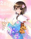  2016 ahoge akari_ajisai artist_name blush blush_stickers bow brown_eyes brown_hair closed_mouth cowboy_shot eyebrows eyebrows_visible_through_hair floral_print flower from_side fur_trim hair_between_eyes hair_flower hair_ornament hairpin happy_new_year highres holding looking_at_viewer looking_to_the_side new_year nisekoi obi onodera_kosaki red_bow sash short_hair smile solo standing stuffed_animal stuffed_monkey stuffed_toy tareme tassel 