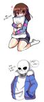  blush brown_hair frisk_(undertale) hands_in_pockets heart jacket korean pillow pillow_hug red_eyes sans seiza shiro_(whddn2501) simple_background sitting translated undertale white_background 