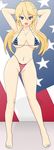  absurdres american_flag american_flag_bikini bad_feet bad_id bad_pixiv_id bikini blonde_hair blue_eyes breasts cleavage flag_background flag_print highres iowa_(kantai_collection) kantai_collection large_breasts long_hair navel open_mouth smile solo star star-shaped_pupils swimsuit symbol-shaped_pupils wrt 