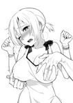  blush breast_grab breasts covered_nipples dress grabbing grabbing_from_behind greyscale hige_(hige2) highres large_breasts monochrome nipple_rub one_eye_closed original short_hair short_twintails solo_focus twintails upper_body 