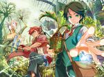 2boys arbos_anima arrow bag bangs bird black_hair blonde_hair blue_eyes blue_legwear boots bow_(weapon) collared_shirt eve_ettrick foreshortening frown green_eyes green_pants grin holding holding_sword holding_weapon in_tree juliet_sleeves long_sleeves looking_at_viewer multiple_boys noah_lescott outstretched_hand pale_skin pants pantyhose parted_bangs plant potted_plant puffy_sleeves quiver reaching_out red_eyes red_hair rudyard_(arbos_anima) satchel shirt short_hair_with_long_locks shoulder_bag sidelocks sitting sitting_in_tree skylight smile sword torinikusoul tree two-handed vest weapon white_shirt 