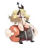  1girl abs amazon_(dragon&#039;s_crown) amazon_(dragon's_crown) armor axe bikini bikini_armor blonde_hair boots breasts circlet cleavage dragon&#039;s_crown dragon's_crown meat navel sitting solo stomach swimsuit thick_thighs toned vins-mousseux weapon 