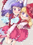  asahina_mirai blonde_hair blush bow broom broom_riding capelet checkered checkered_bow frilled_skirt frills grey_background hat hat_bow heart izayoi_liko magic_school_uniform magical_girl mahou_girls_precure! multiple_girls open_mouth pink_eyes ponytail precure purple_eyes school_uniform simple_background skirt star straddling tokunou_shoutarou wand witch_hat 