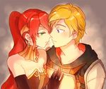  1girl blonde_hair blue_eyes blush breasts chuu cleavage elbow_gloves forehead_protector gloves green_eyes imminent_kiss jaune_arc long_hair medium_breasts ponytail pyrrha_nikos red_hair rwby short_hair 