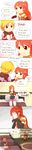  1boy 2girls blonde_hair blue_eyes character_doll chuu comic elbow_gloves english gloves green_eyes hard_translated highres jaune_arc long_hair long_image multiple_girls nora_valkyrie ponytail pyrrha_nikos red_hair rwby short_hair smile tall_image 