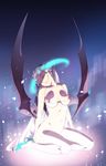  blue_eyes bottomless bra breasts demon_girl demon_wings glowing glowing_eyes glowing_horns high_heels highres horns long_hair medium_breasts navel nipples oldschool-girl original sitting solo succubus thighhighs underwear very_long_hair white_hair wings 