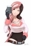  artist_name belt black_gloves breasts brown_eyes brown_hair cellphone chibima cleavage dated gloves hand_on_hip heterochromia jewelry long_hair medium_breasts neo_(rwby) phone pink_eyes pink_hair rwby smartphone smile solo 