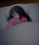  1girl artist_request bed black_hair blush crossover hair_flaps izumi_reina kirby kirby_(series) kyoto_animation long_hair musaigen_no_phantom_world nintendo open_mouth pajamas power_connection sleeping smile trait_connection 