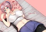  ahoge aoba_(kantai_collection) bike_shorts blue_eyes blush breast_suppress breasts cleavage commentary_request cover cover_page covered_nipples doujin_cover grin kantai_collection large_breasts looking_at_viewer lying miyoshi_(triple_luck) navel nose_blush on_back on_bed pink_hair ponytail shorts shorts_under_skirt smile solo tank_top 