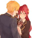  1girl blonde_hair blush chuu forehead_protector green_eyes jaune_arc light_smile long_hair ponytail pyrrha_nikos red_hair rwby school_uniform shirt short_hair 