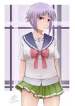  2014 abstract_background absurdres arms_at_sides arms_behind_back artifedex bangs bow cowboy_shot dated fnc_(upotte!!) green_skirt head_tilt highres looking_at_viewer miniskirt purple_hair red_bow red_eyes school_uniform shirt short_hair skirt solo standing upotte!! white_shirt 