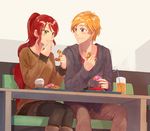  1girl blonde_hair blue_eyes casual chuu doughnut eating food green_eyes jaune_arc long_hair pantyhose ponytail pyrrha_nikos red_hair rwby short_hair smile 