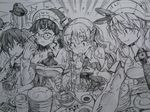  5girls asphyxiation bangs bare_shoulders bismarck_(kantai_collection) blunt_bangs blush braid breasts capelet choking chopsticks commentary cup dessert detached_sleeves dress eating flying_sweatdrops food food_on_face french_braid glasses graphite_(medium) greyscale hair_ornament hair_ribbon hat headdress headgear highres kantai_collection kerchief kojima_takeshi large_breasts libeccio_(kantai_collection) littorio_(kantai_collection) long_hair long_sleeves military_hat monochrome multiple_girls neckerchief necktie nose_blush peaked_cap pince-nez plate ribbon rice rice_on_face roma_(kantai_collection) sailor_dress short_hair sleeveless smile sushi teacup tears traditional_media translated twintails wavy_hair zara_(kantai_collection) 