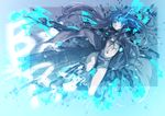  arm_cannon bad_id bad_pixiv_id bikini_top black_hair black_rock_shooter black_rock_shooter_(character) blue_eyes burning_eye coat highres long_hair midriff pale_skin puma_(hyuma1219) scar short_shorts shorts solo twintails uneven_twintails weapon 