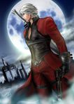  1boy castle dante_(devil_may_cry) devil_may_cry devil_may_cry_2 gun longcoat moon night pink_devil solo sword weapon white_hair 