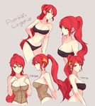  arm arm_behind_back bandeau bare_arms bare_legs bare_shoulders breasts character_name chuu cleavage collarbone corset english green_eyes hands_on_own_chest jewelry large_breasts legs lingerie long_hair midriff multiple_views neck ponytail pyrrha_nikos red_hair rwby serious smile strapless tiara tubetop underwear underwear_only upper_body variations 