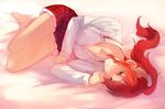  blush breasts chuu cleavage forehead_protector green_eyes large_breasts long_hair lying on_side ponytail pyrrha_nikos red_hair rwby solo 