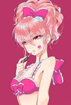  bangs body_writing bow bra breasts cleavage earrings english eyebrows eyebrows_visible_through_hair frills from_side hair_between_eyes hair_bow idolmaster idolmaster_cinderella_girls jewelry jougasaki_mika lipstick lipstick_mark lipstick_tube long_hair looking_at_viewer makeup medium_breasts ohlala pink_background pink_bow pink_bra pink_eyes pink_hair pink_lipstick ponytail simple_background solo stud_earrings underwear upper_body 