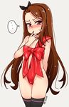  1girl arm_behind_back blush brown_hair finger_to_mouth hair_ribbon hairband idolmaster idolmaster_(classic) long_hair looking_at_viewer mamezou minase_iori naked_ribbon red_eyes ribbon solo spoken_blush spoken_ellipsis sweatdrop thighhighs unwrap_me_body_bow 