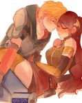  1girl blonde_hair blush chuu drunk green_eyes imminent_kiss jaune_arc long_hair ponytail pyrrha_nikos red_hair rwby 