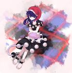  arm_rest bangs black_dress blue_eyes blue_hair bobby_socks closed_mouth doremy_sweet dream_soul dress hat long_hair looking_at_viewer minako_(gazekura) nightcap pom_poms short_sleeves sitting smile socks solo tail tapir_tail touhou white_legwear 