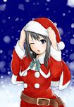  belt black_hair blush hat joyfulman one_eye_closed santa_costume santa_hat snowing solo tsukushi-biyori 