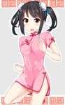  :d black_hair blush breasts brown_eyes bun_cover china_dress chinese_clothes clenched_hand cowboy_shot double_bun dress eyebrows eyebrows_visible_through_hair fighting_stance grey_background idolmaster idolmaster_cinderella_girls leg_up looking_at_viewer medium_breasts nakano_yuka oga_raito open_mouth pink_dress red_footwear red_ribbon ribbon shoes short_hair short_sleeves short_twintails side_slit simple_background smile solo standing standing_on_one_leg tareme thighs twintails v-shaped_eyebrows 